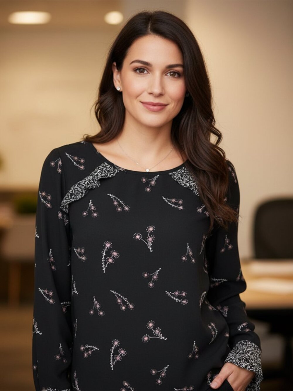 Loft S Women's Top Gray‎ Pink Ruffle Floral Boho Cottage Peasant Office Romantic